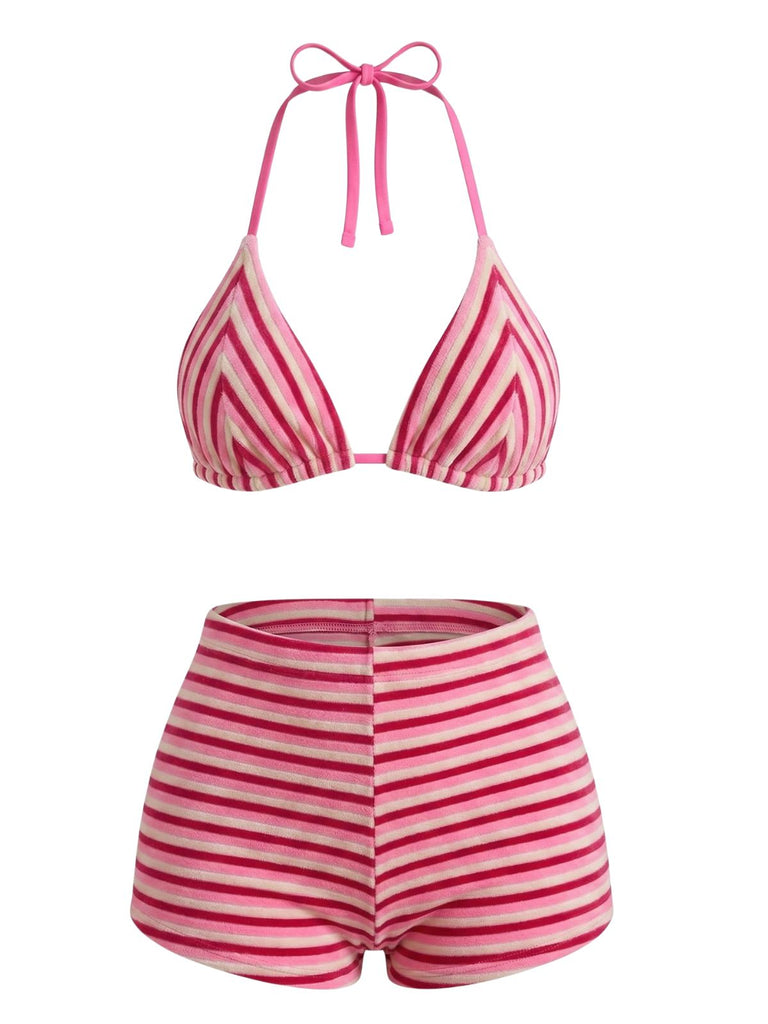 2PCS 1950s Striped Terry Halter Bikini & Shorts - vintage swimwear, retro beach style for women