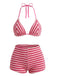 2PCS 1950s Striped Terry Halter Bikini & Shorts - vintage swimwear, retro beach style for women