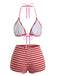 2PCS 1950s Striped Terry Halter Bikini & Shorts - vintage swimwear, retro beach style for women