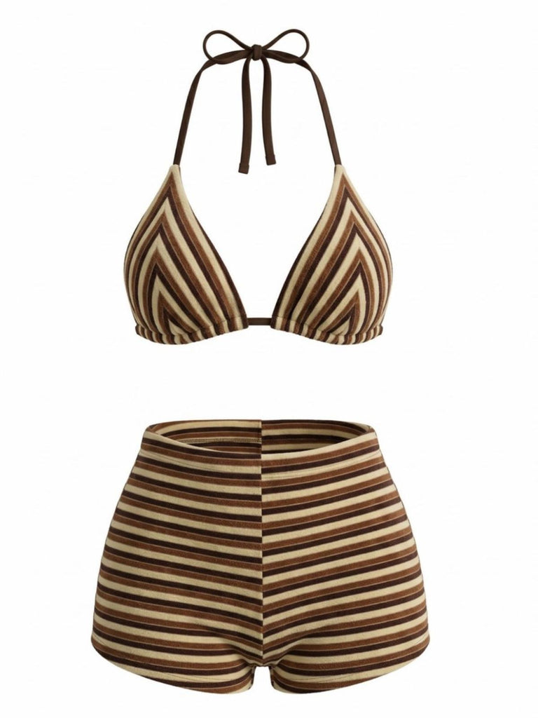 2PCS 1950s Striped Terry Halter Bikini & Shorts - vintage swimwear, retro beach style for women