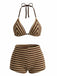 2PCS 1950s Striped Terry Halter Bikini & Shorts - vintage swimwear, retro beach style for women