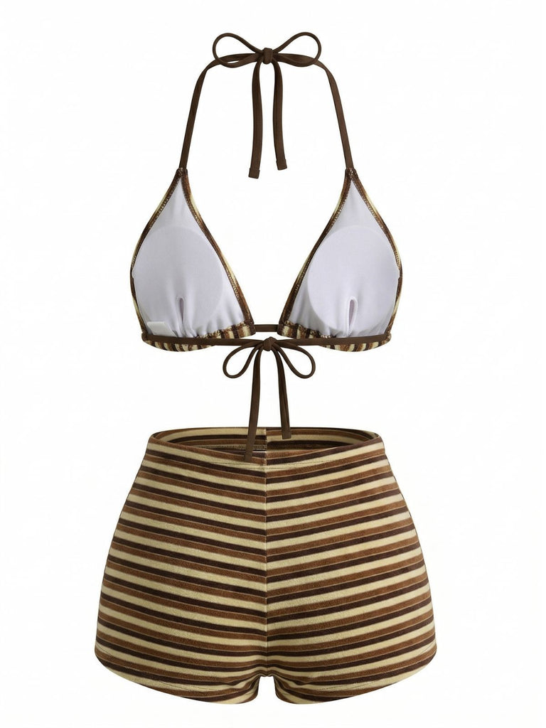 2PCS 1950s Striped Terry Halter Bikini & Shorts - vintage swimwear, retro beach style for women
