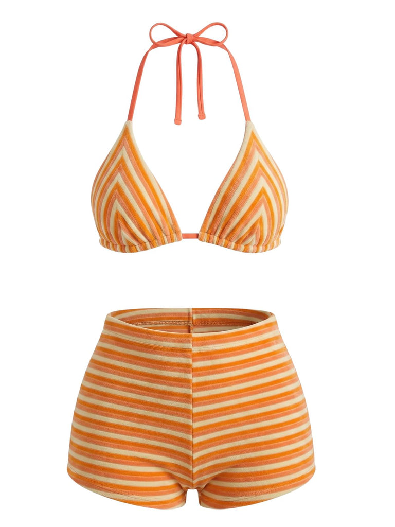 2PCS 1950s Striped Terry Halter Bikini & Shorts - vintage swimwear, retro beach style for women