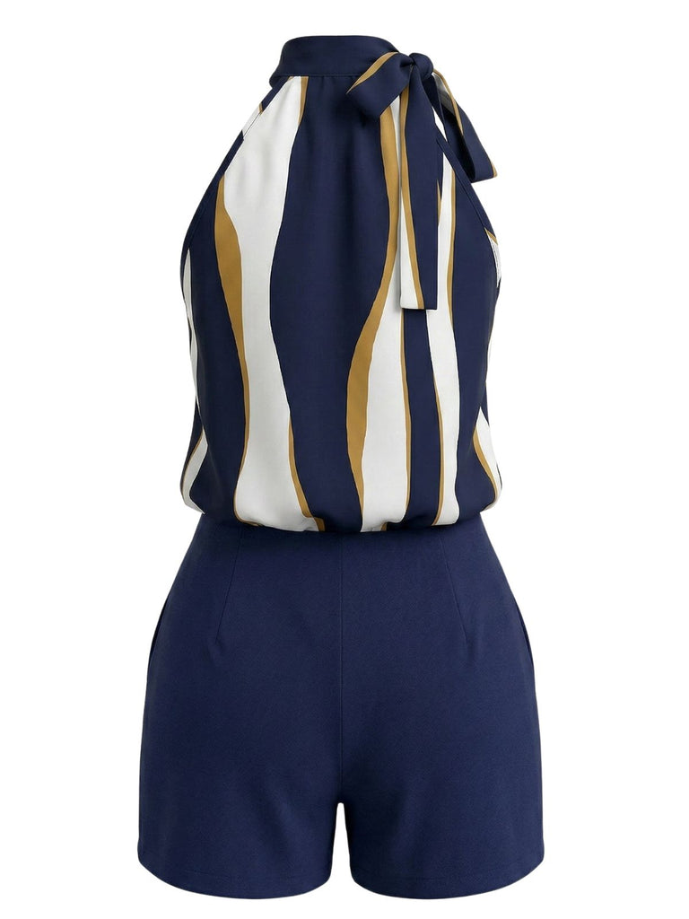 2PCS 1950s Tie-Neck Abstract Wavy Striped Top & Button Shorts - vintage top, retro blouse for vintage lovers