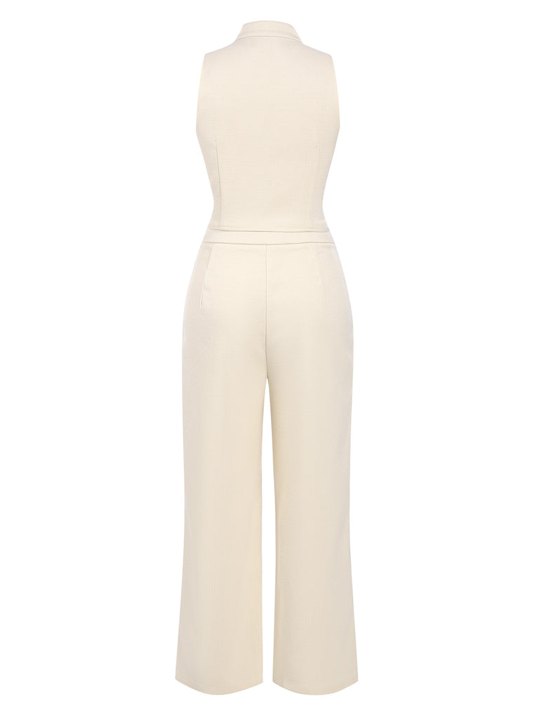 2PCS 1960s Beige Buttoned Vest Top & Pocket Wide Leg Pants, vintage top, retro blouse - perfect for women who love vintage and retro fashion