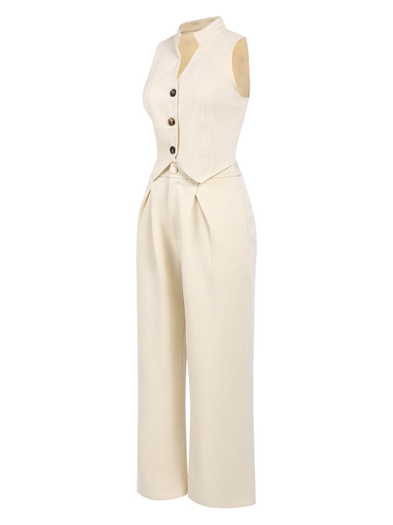 2PCS 1960s Beige Buttoned Vest Top & Pocket Wide Leg Pants, vintage top, retro blouse - perfect for women who love vintage and retro fashion