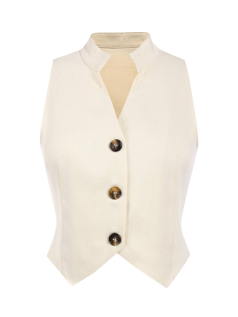 2PCS 1960s Beige Buttoned Vest Top & Pocket Wide Leg Pants, vintage top, retro blouse - perfect for women who love vintage and retro fashion