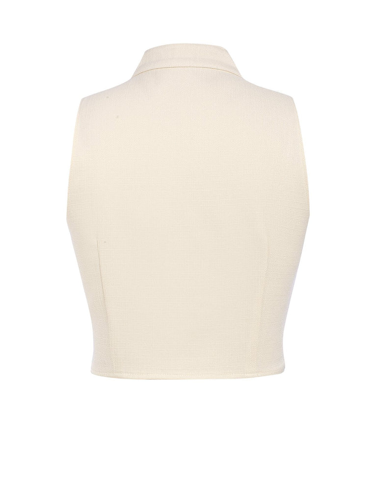 2PCS 1960s Beige Buttoned Vest Top & Pocket Wide Leg Pants, vintage top, retro blouse - perfect for women who love vintage and retro fashion