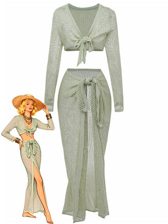 2PCS 1960s Crochet Long Sleeve Beach Cover-Up Set - vintage fashion, retro style