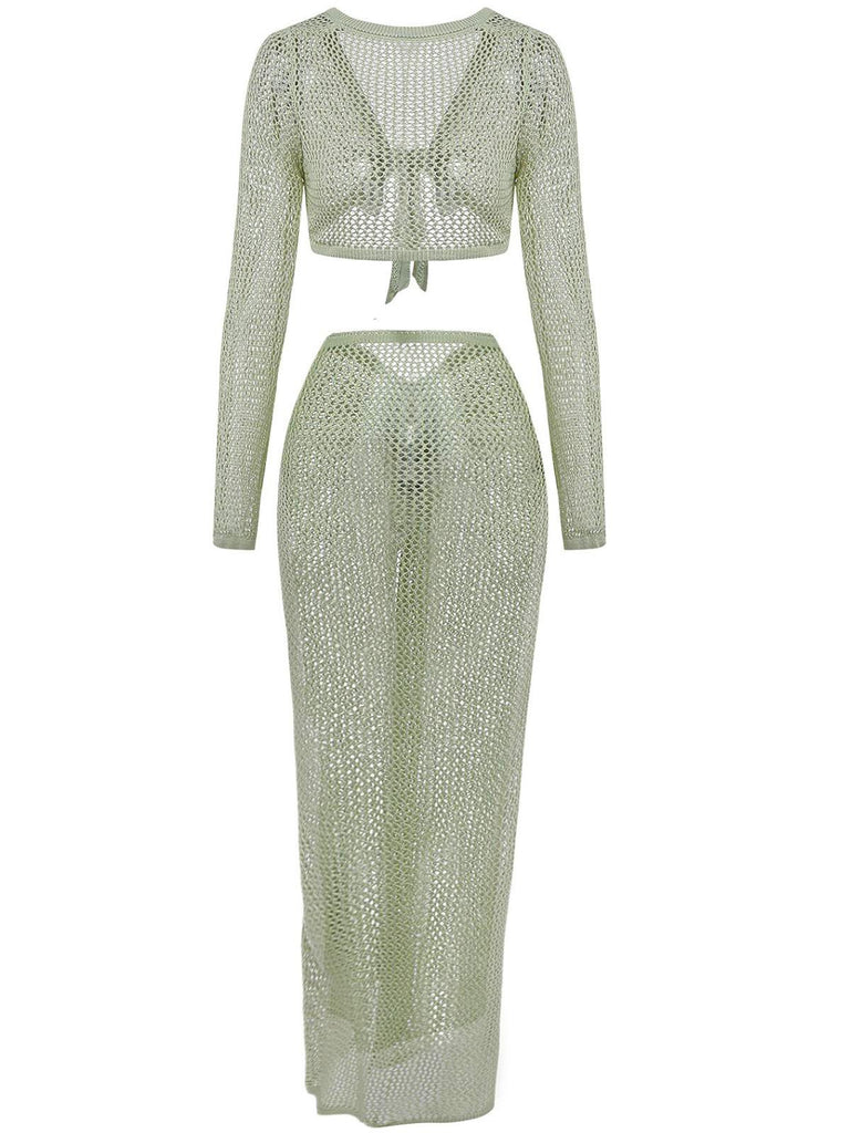 2PCS 1960s Crochet Long Sleeve Beach Cover-Up Set - vintage fashion, retro style