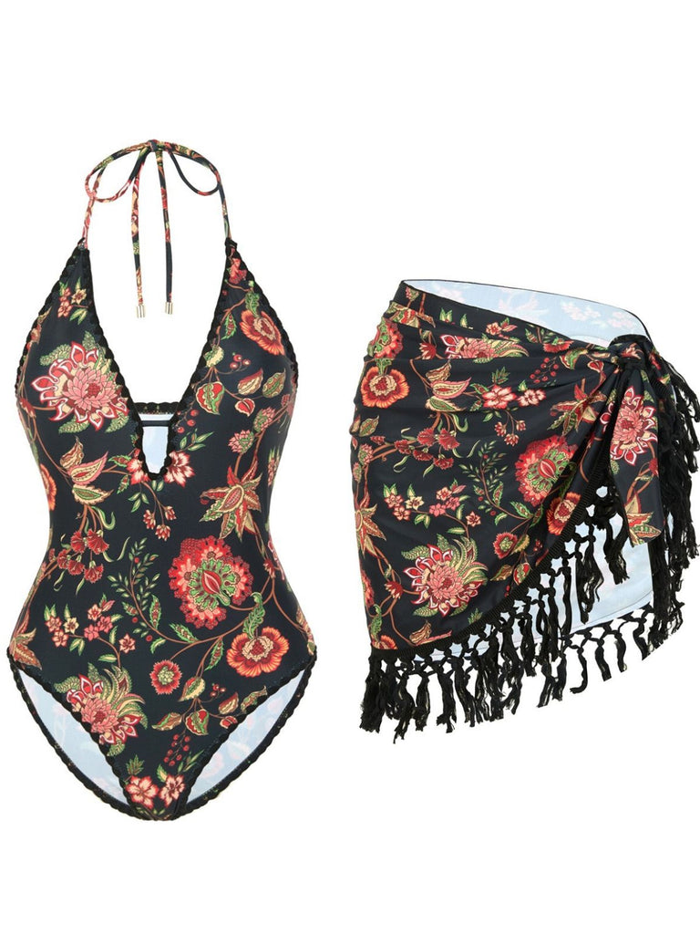 2PCS 1960s Deep V-Neck Fringe Swimsuit & Cover-Up - vintage swimsuit, pin-up style