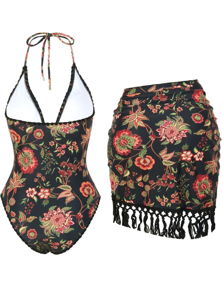2PCS 1960s Deep V-Neck Fringe Swimsuit & Cover-Up - vintage swimsuit, pin-up style