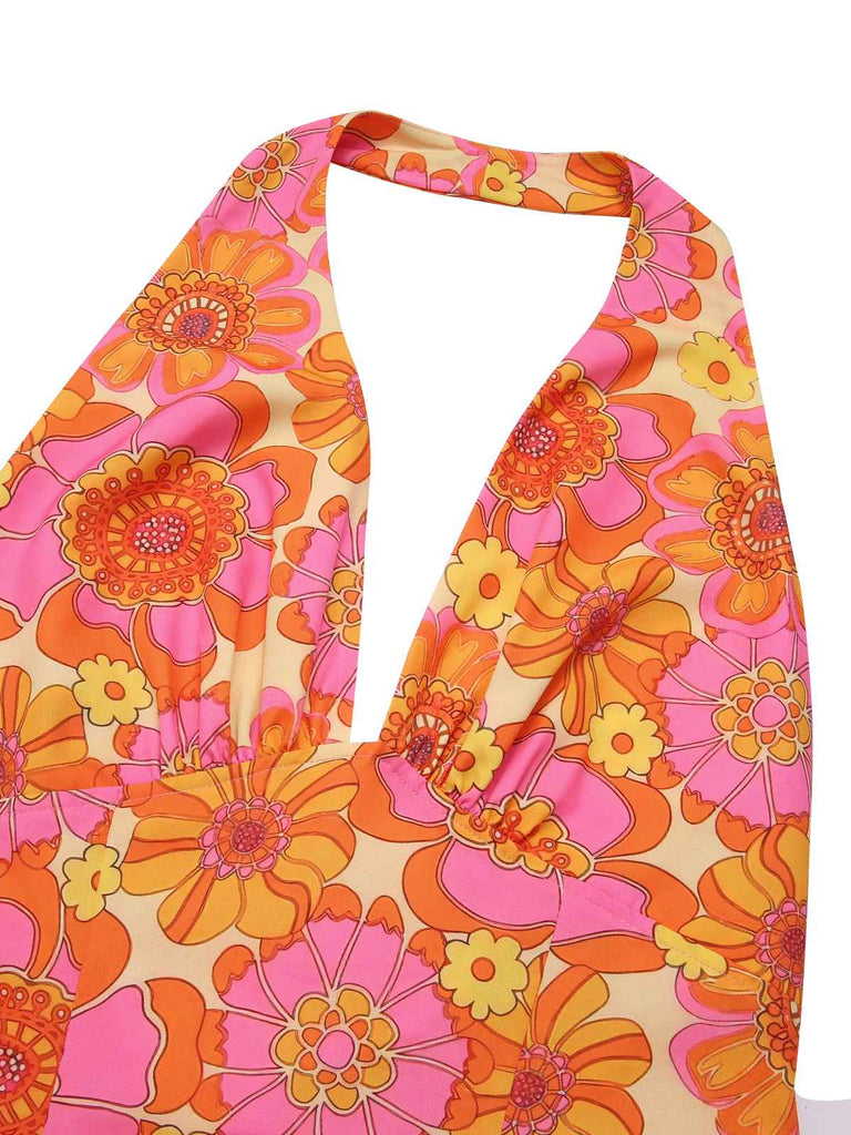 2PCS 1960s Floral Halter Top & Pleated Skirt — 1960s jazz-age spirit for her morning coffee
