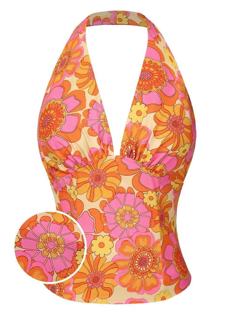 2PCS 1960s Floral Halter Top & Pleated Skirt — 1960s elegance she can wear anywhere