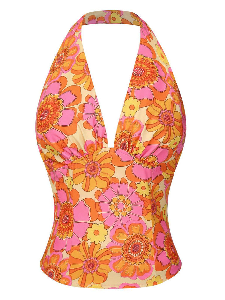 2PCS 1960s Floral Halter Top & Pleated Skirt — 1960s jazz-age spirit for her morning coffee