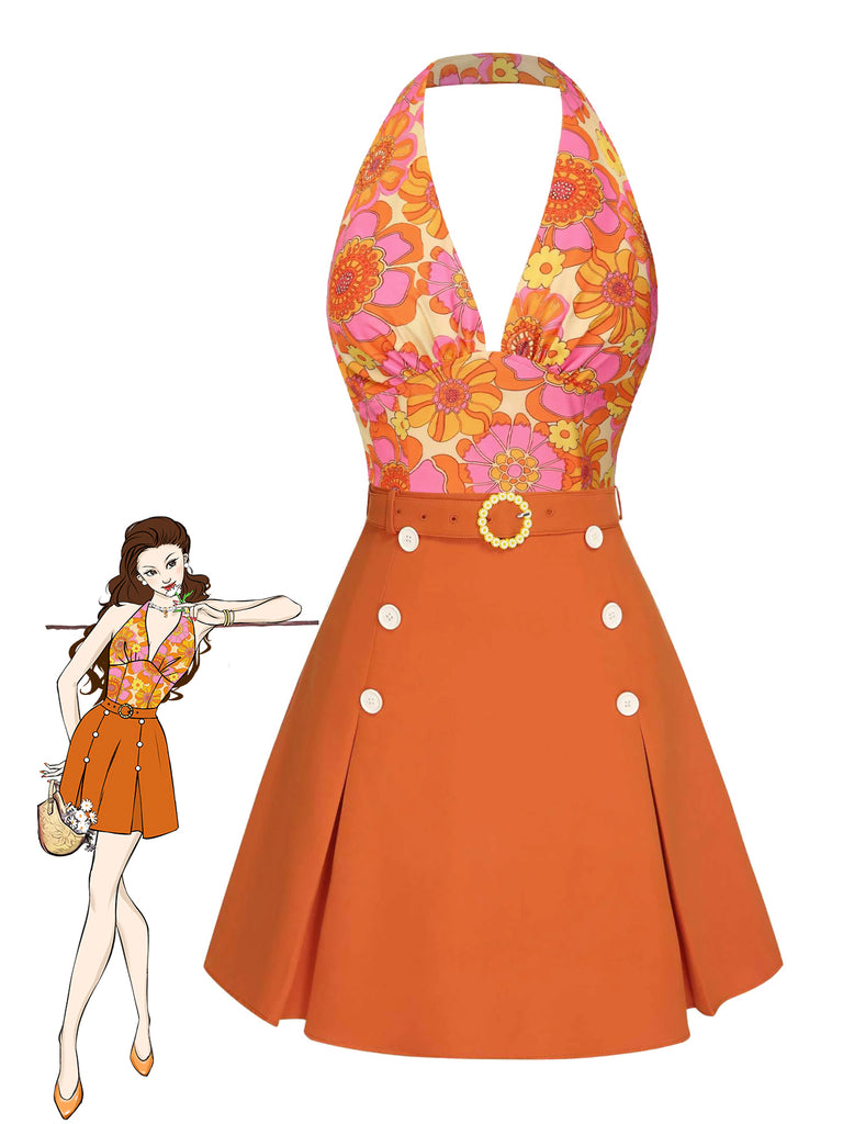 2PCS 1960s Floral Halter Top & Solid Skirt - vintage skirt, retro style