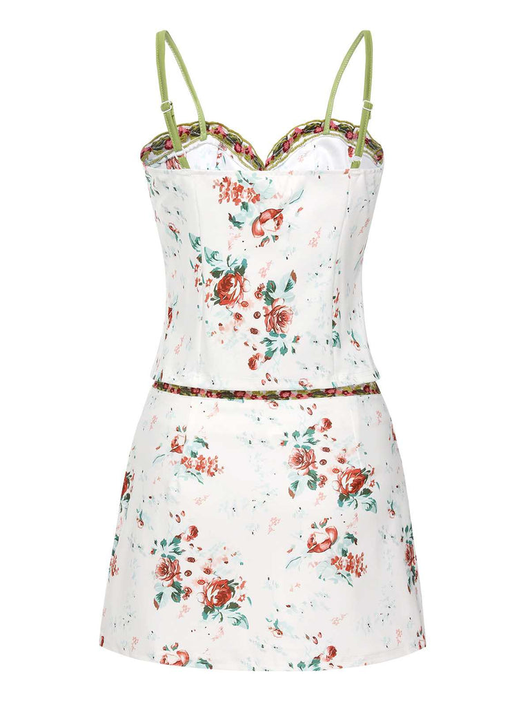 2PCS 1960s Floral Strap Slit Vest & Lace Skirt: 1960s grace for the woman who dances through life