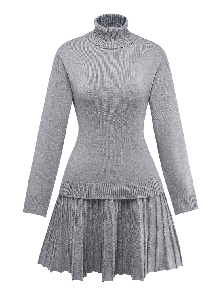 2PCS 1960s Knit Turtleneck Sweater & Pleated Skirt - vintage skirt, retro style