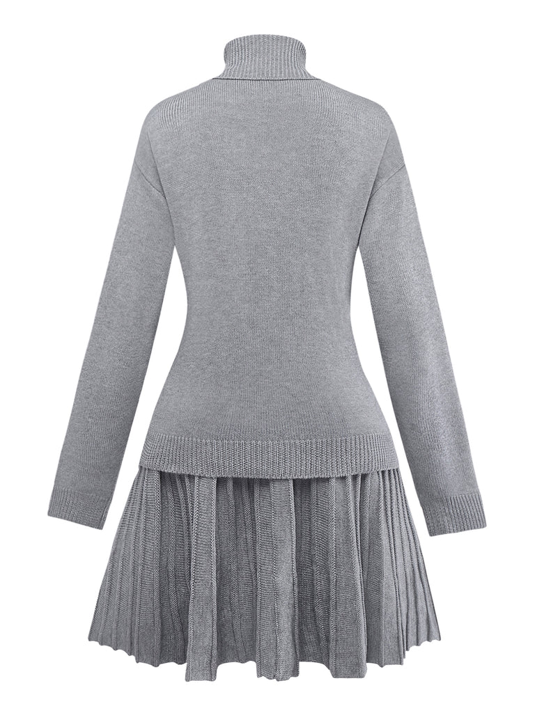 2PCS 1960s Knit Turtleneck Sweater & Pleated Skirt - vintage skirt, retro style