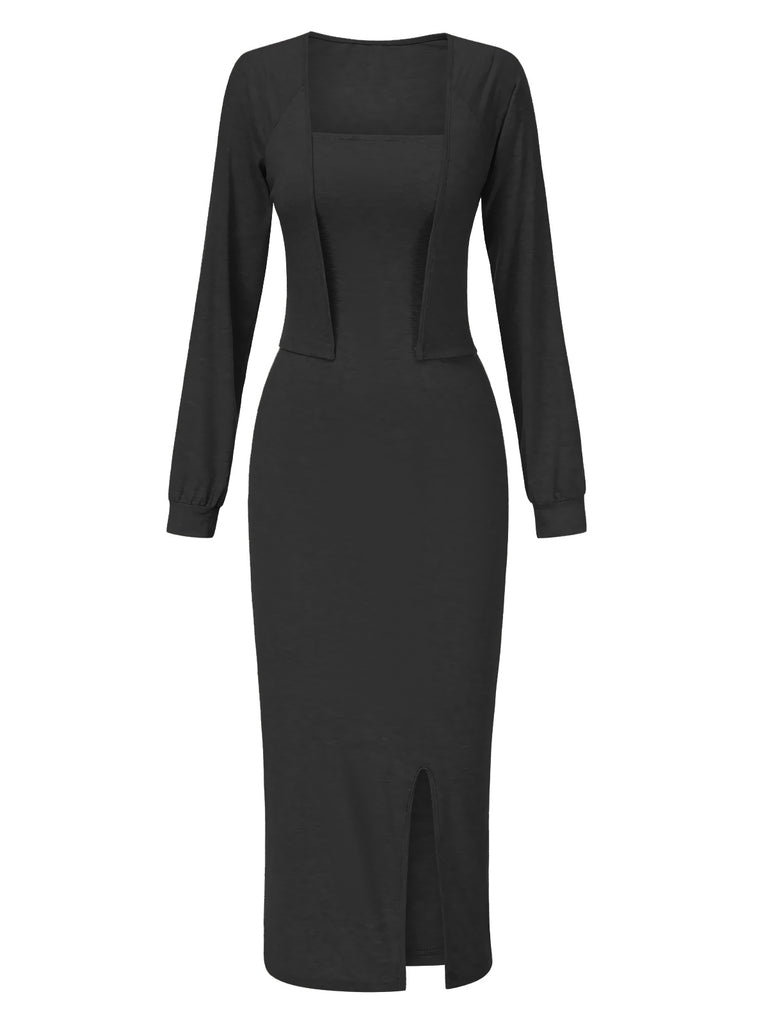 She slips into this 2PCS 1960s Knitted Slit Tube Dress & Short Cardigan and suddenly it's a 1960s daydream