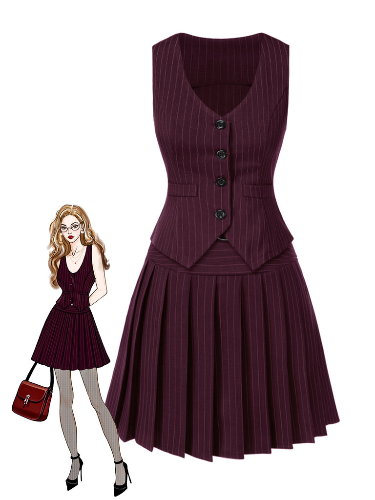 She pairs this 2PCS 1960s Pinstripes Top & Pleated Skirt with confidence and 1960s charm