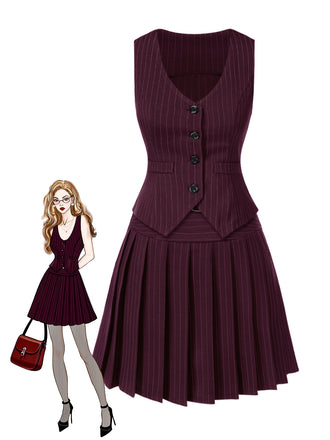 She pairs this 2PCS 1960s Pinstripes Top & Pleated Skirt with confidence and 1960s charm