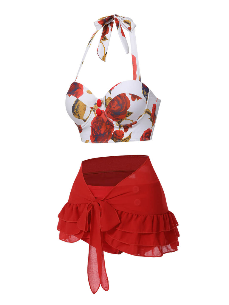 2PCS 1960s Roses Halter Swimsuit & Skirt Cover-Up — because 1960s glamour never goes out of style