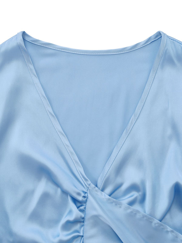 2PCS 1960s Satin Tie-Front Crop Top & Shorts - vintage fashion, retro style
