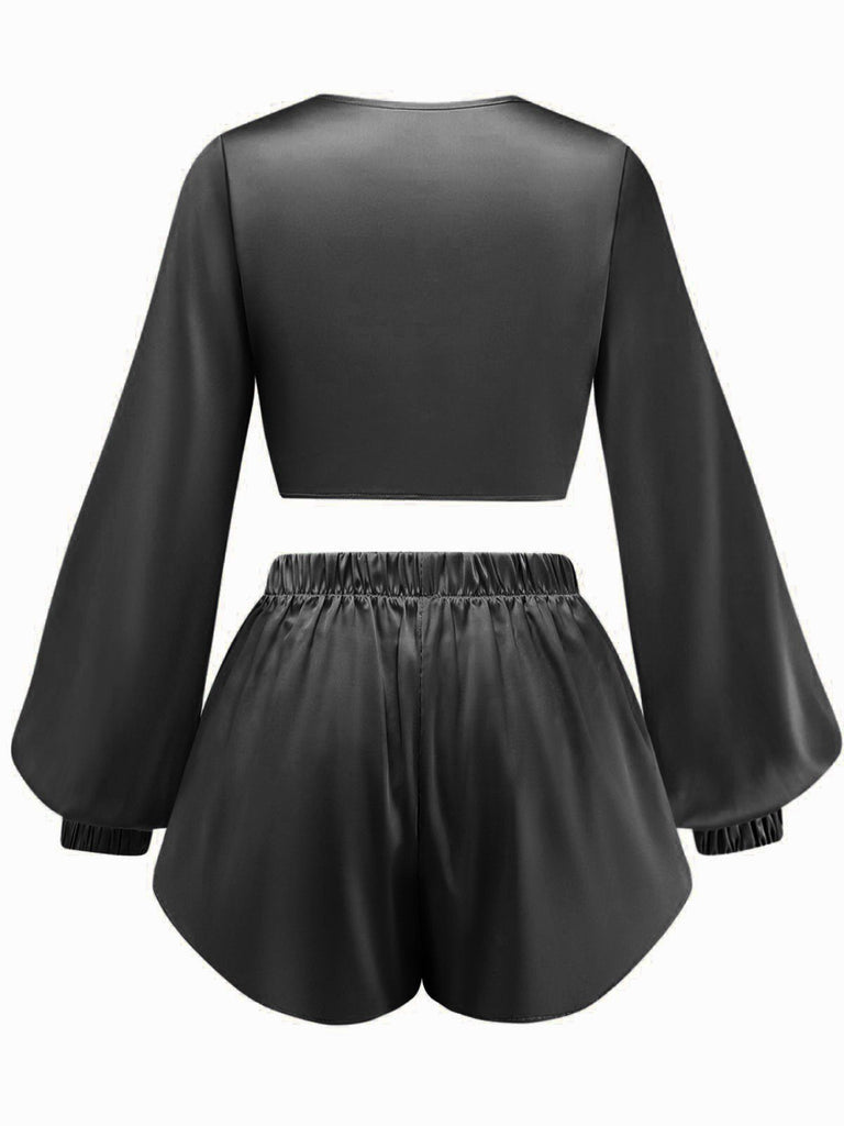 2PCS 1960s Satin Tie-Front Crop Top & Shorts - vintage fashion, retro style