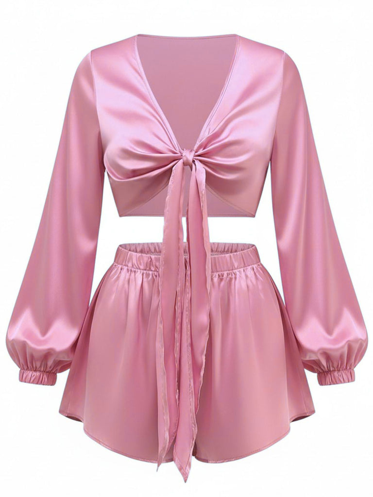 2PCS 1960s Satin Tie-Front Crop Top & Shorts - vintage fashion, retro style