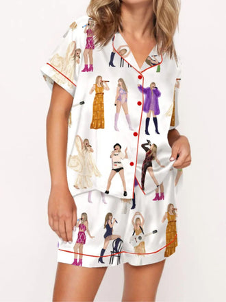 2PCS 1960s Singer Cartoon Print Button Pajama Set - vintage fashion, retro style