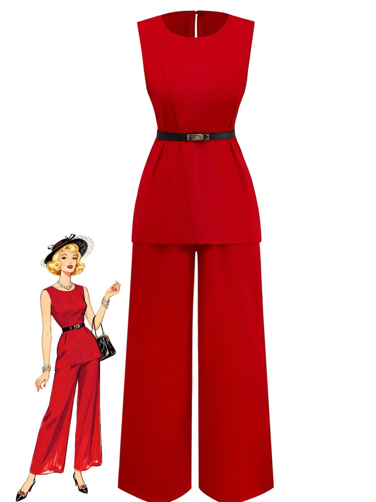 2PCS 1960s Sleeveless Vest & Belted Waist Pants - vintage fashion, retro style