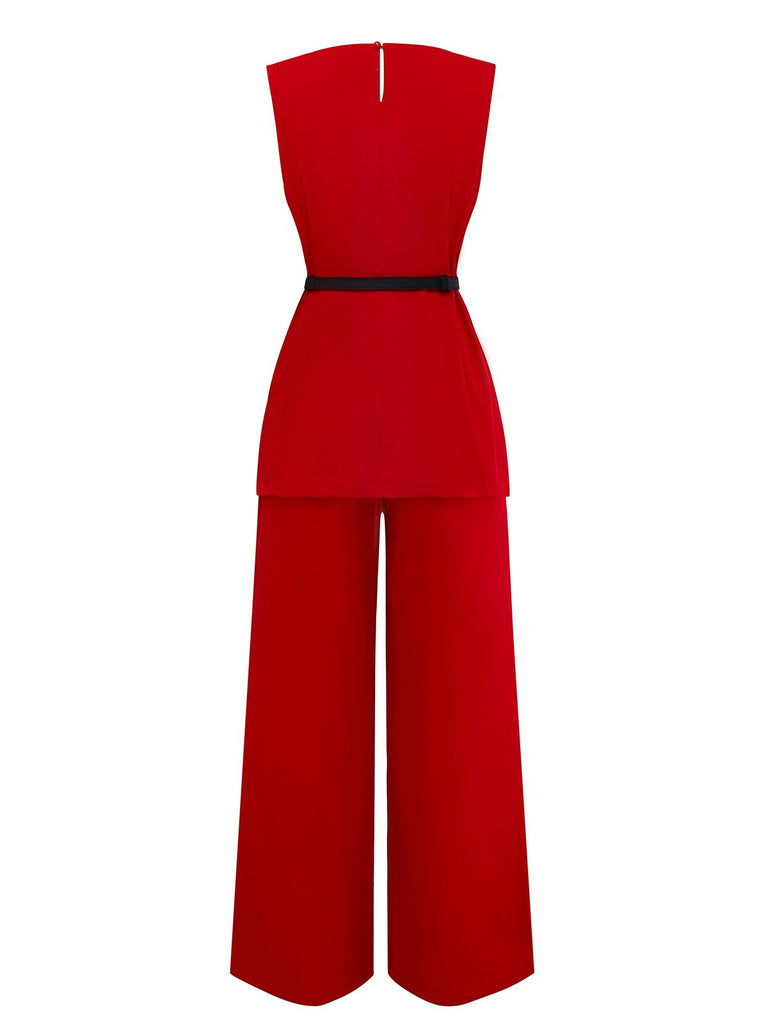 2PCS 1960s Sleeveless Vest & Belted Waist Pants - vintage fashion, retro style