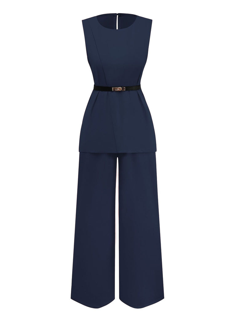 2PCS 1960s Sleeveless Vest & Belted Waist Pants - vintage fashion, retro style
