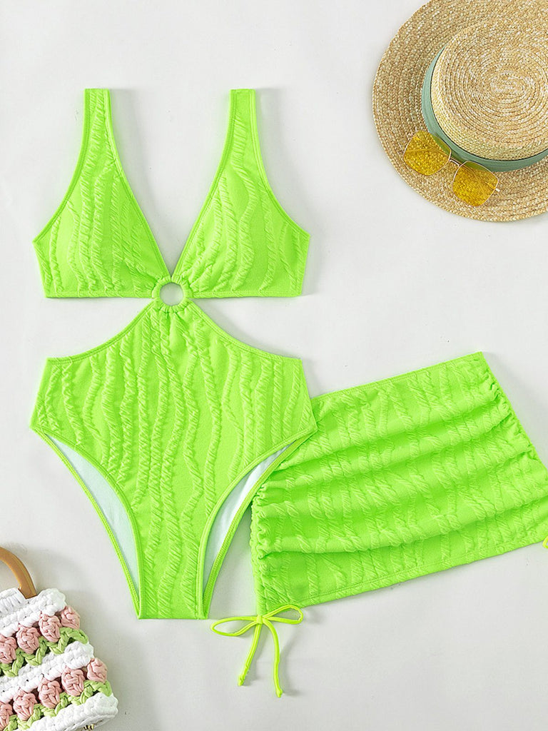 2PCS 1960s Solid Cut-Out Swimsuit & Skirt - vintage skirt, retro style