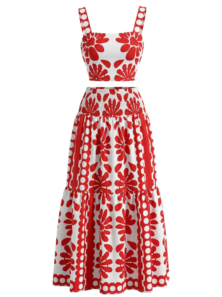 2PCS 1960s Square Neck Geometric Floral Top & Maxi Skirt, vintage skirt, retro style - perfect for women who love vintage and retro fashion