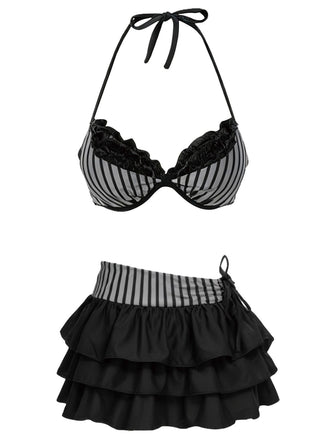 2PCS 1960s Striped Halter Bikini Set & Tiered Cover-Up: beautiful vintage swimwear, retro swimsuit, pin-up style with timeless appeal