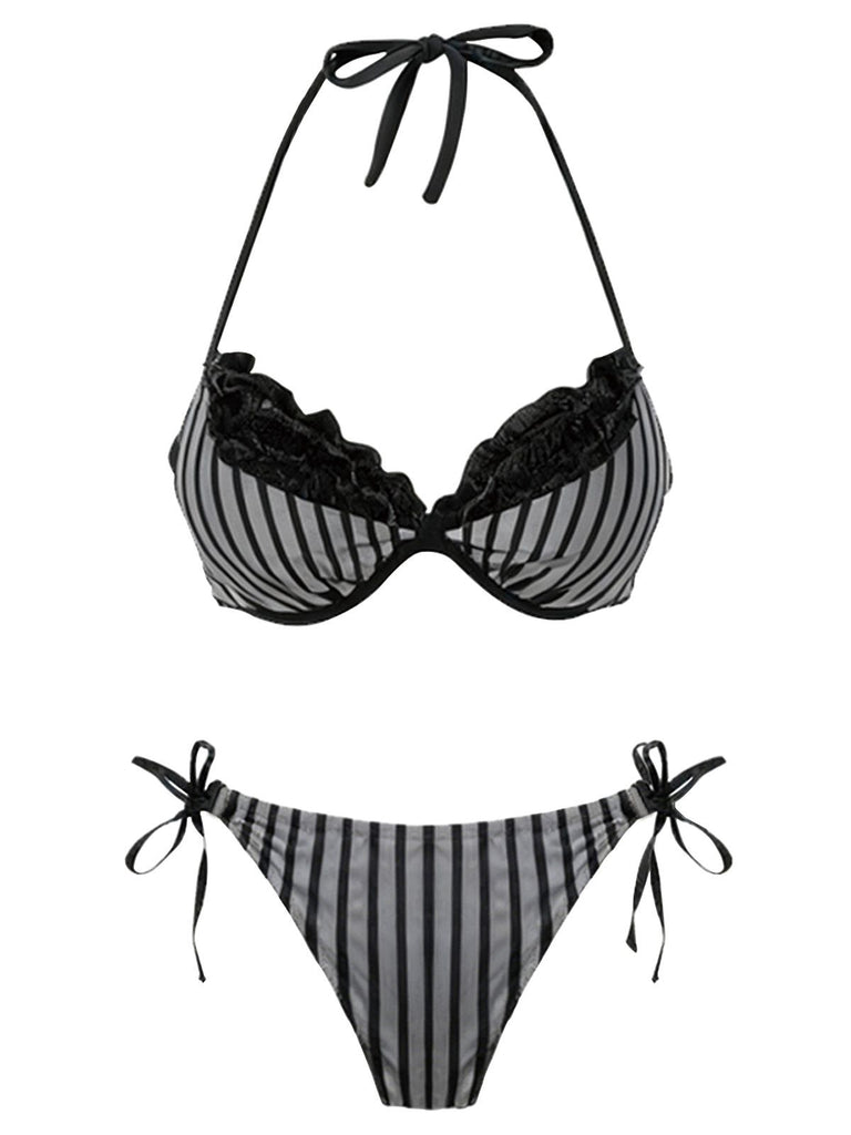 2PCS 1960s Striped Halter Bikini Set & Tiered Cover-Up - vintage swimwear, retro swimsuit, pin-up style for vintage lovers
