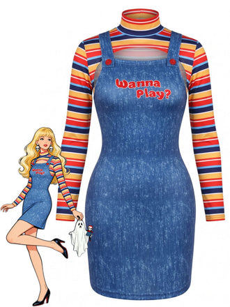 2PCS 1960s Striped High Neck Top & Overall Dress, vintage dress, retro fashion - vintage inspired fashion