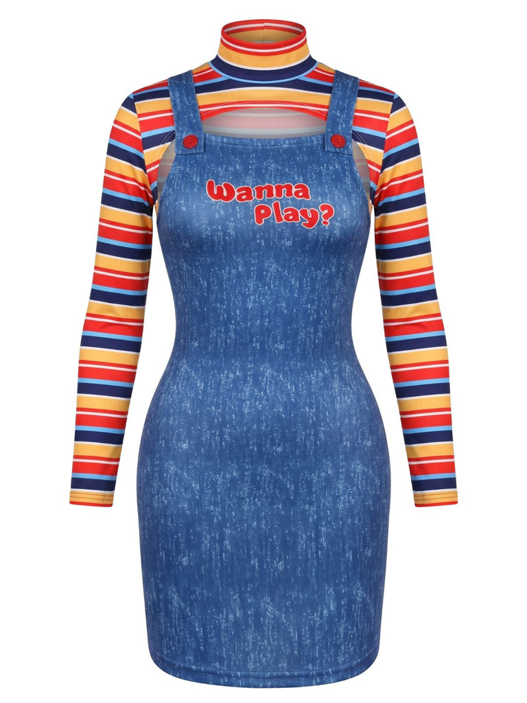 2PCS 1960s Striped High Neck Top & Overall Dress, vintage dress, retro fashion - vintage inspired fashion