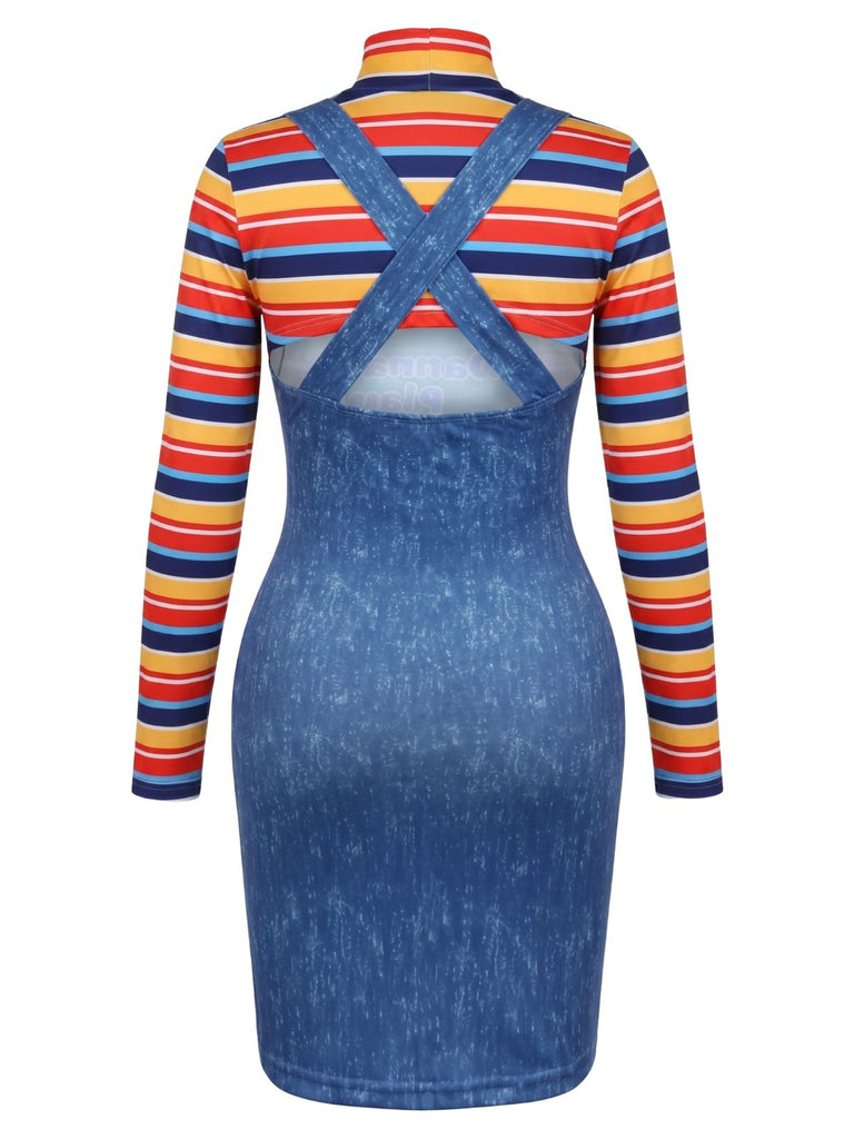 2PCS 1960s Striped High Neck Top & Overall Dress, vintage dress, retro fashion - vintage inspired fashion