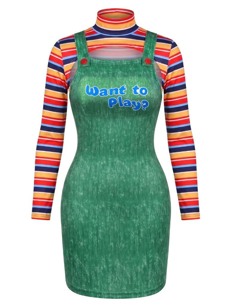 2PCS 1960s Striped High Neck Top & Overall Dress, vintage dress, retro fashion - vintage inspired fashion