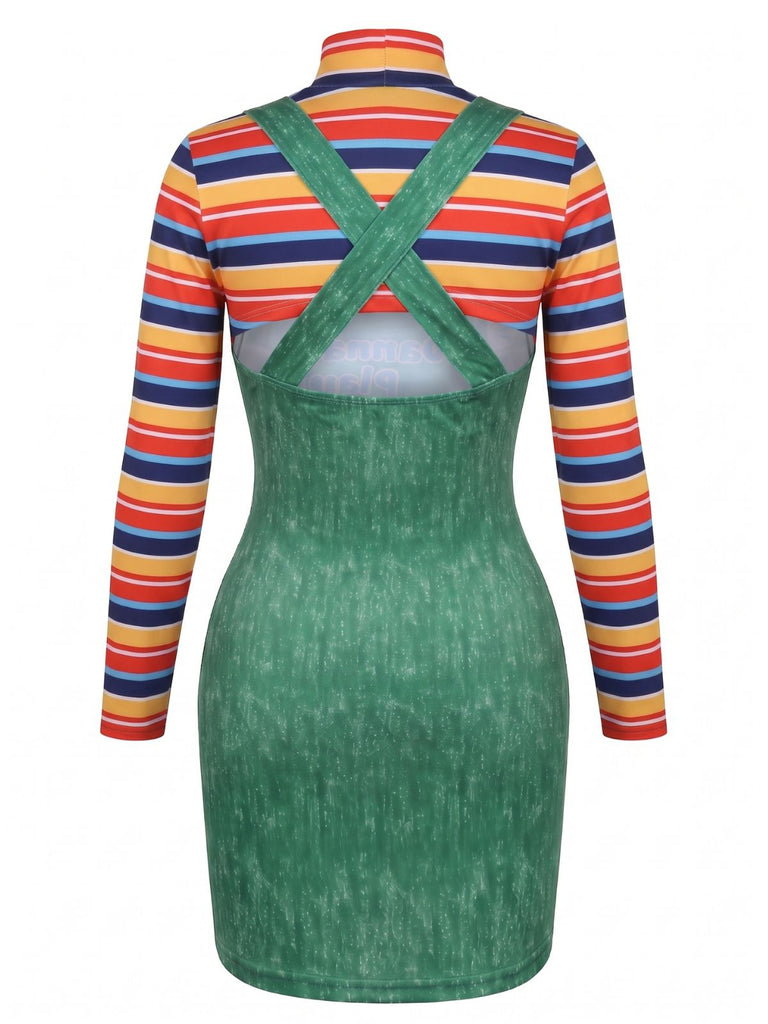 2PCS 1960s Striped High Neck Top & Overall Dress, vintage dress, retro fashion - vintage inspired fashion