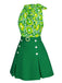 This 2PCS 1960s Tie Neck Floral Top & Button Solid Skirt brings 1960s soul to her everyday