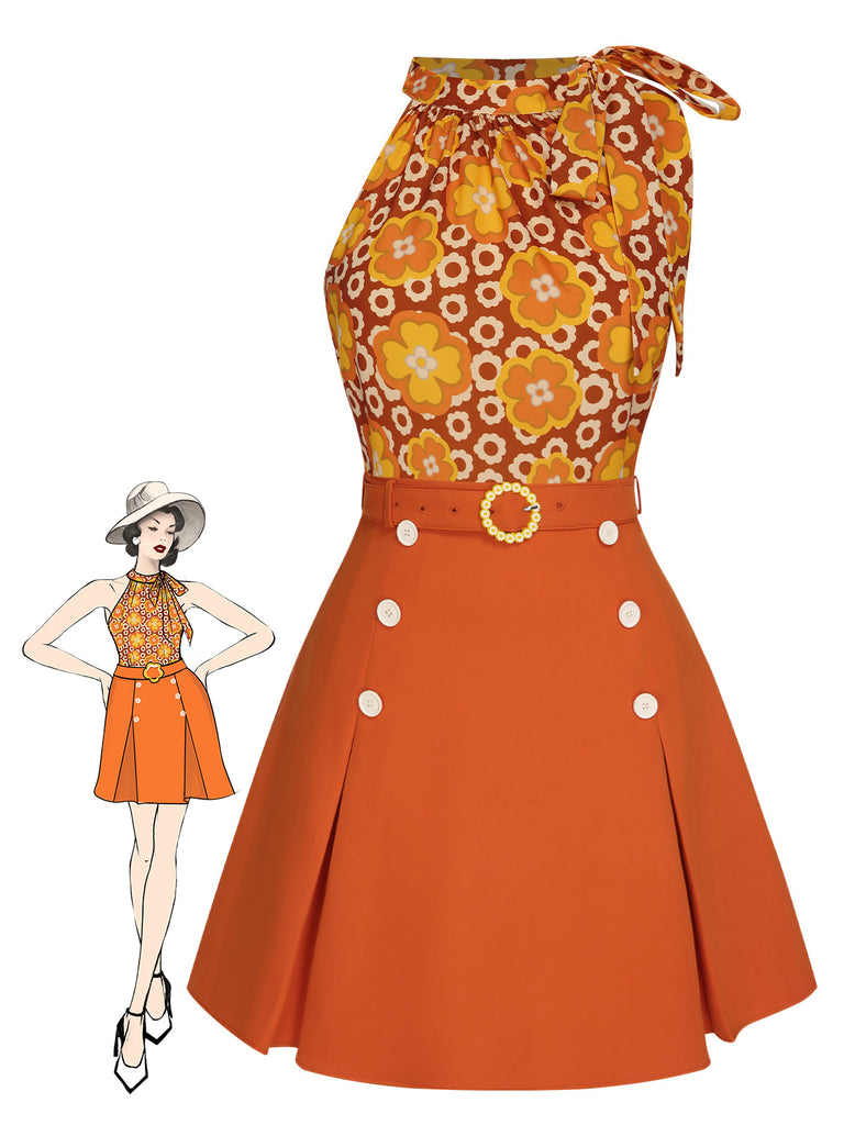 She pairs this 2PCS 1960s Tie Neck Floral Top & Button Solid Skirt with confidence and 1960s charm