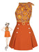 She pairs this 2PCS 1960s Tie Neck Floral Top & Button Solid Skirt with confidence and 1960s charm