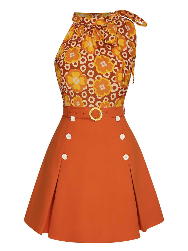 This 2PCS 1960s Tie Neck Floral Top & Button Solid Skirt brings 1960s soul to her everyday