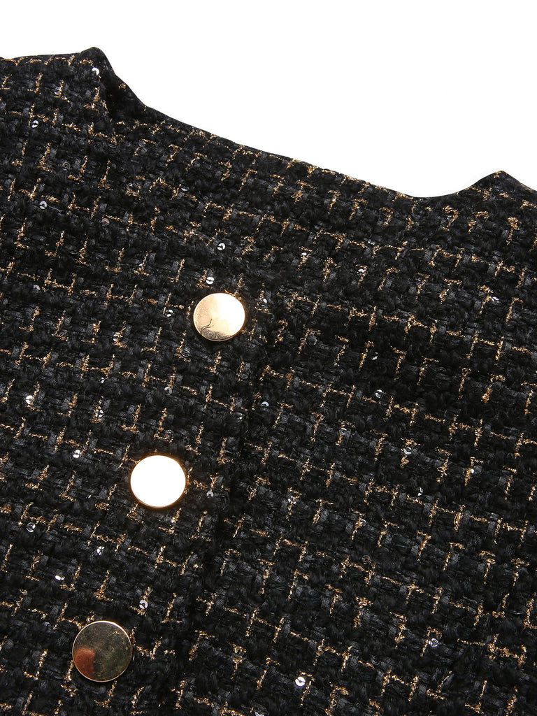 She throws on this 2PCS 1960s Tweed Cropped Coat & A-Line Skirt and the city feels like 1960s Paris