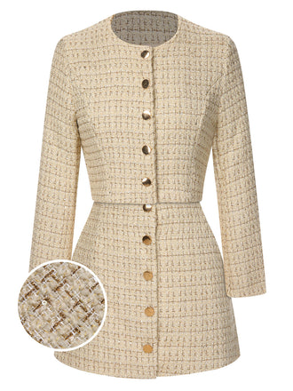 She throws on this 2PCS 1960s Tweed Cropped Coat & A-Line Skirt and the city feels like 1960s Paris