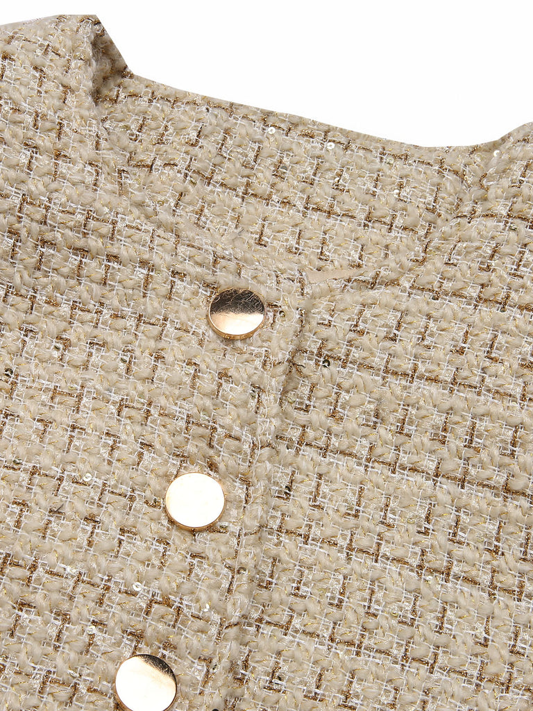 She throws on this 2PCS 1960s Tweed Cropped Coat & A-Line Skirt and the city feels like 1960s Paris